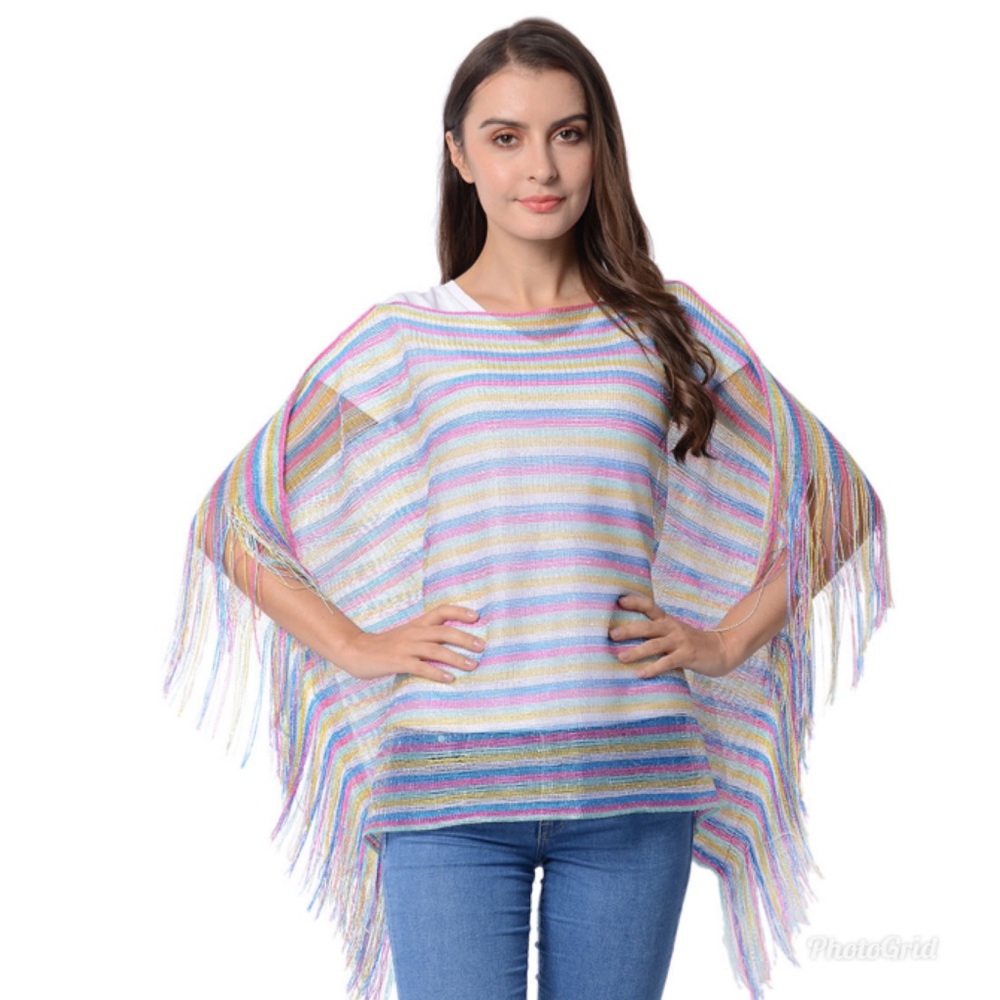 Multi Color Stripe Pattern Fringed Poncho - Picture 1 of 3